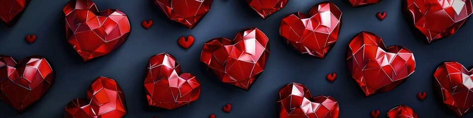 A sophisticated Valentine's Day banner with a geometric pattern of red hearts, each with a glossy finish, set against a dark background for dramatic effect
