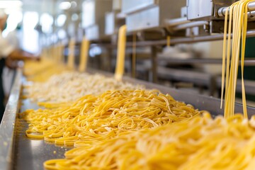 Freshly made spaghetti is being transported on a conveyor belt in a pasta factory