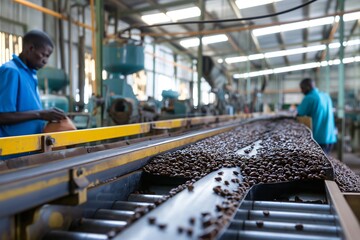 Coffee beans being transported on conveyor belt in a food processing factory with factory workers...