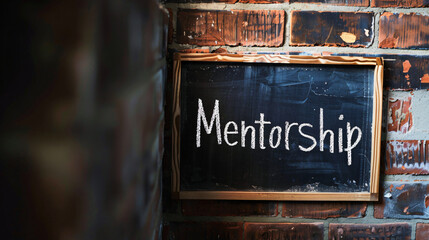 The word mentorship is displayed in white chalk on a chalkboard hung on a brick wall