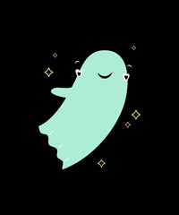 Cute Halloween greeting card with a funny ghost character. Flat design. Black background.