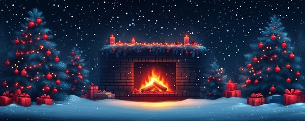 Cozy winter scene with a glowing fireplace, decorated trees, and falling snowflakes, perfect for holiday warmth and cheer.