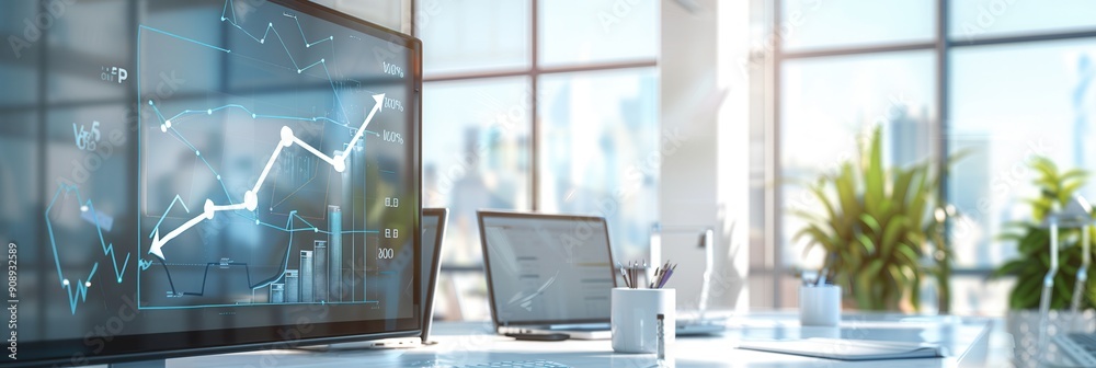 Poster the office space showcases sleek furnishings, large windows allowing sunlight, and displays of digit