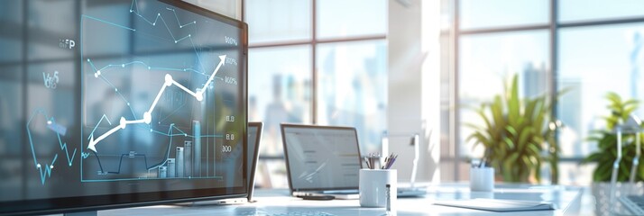 The office space showcases sleek furnishings, large windows allowing sunlight, and displays of digital graphs indicative of active work. Generative AI