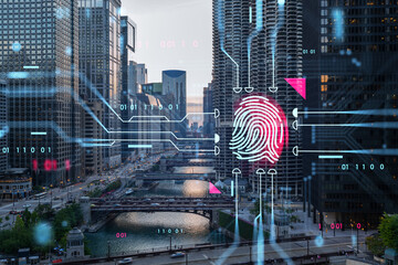 Digital fingerprint overlayed on cityscape with data streams.