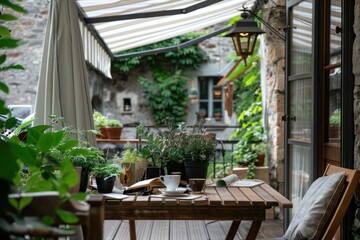 Naklejka premium Cozy Patio Table with Plants and a Book