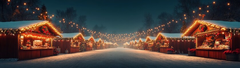 Enchanting winter market scene illuminated by festive lights, surrounded by snow-covered trees and cozy wooden stalls.
