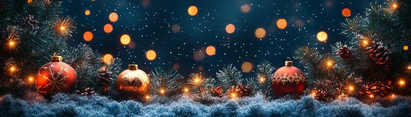 Festive Christmas decorations with ornaments, pine branches, and twinkling lights creating a magical winter scene.