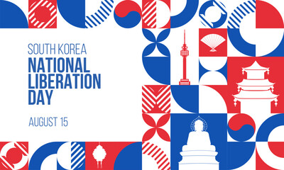 National Liberation Day South Korea Banner. August 15 South Korean independence day greeting card design. Modern pattern, poster template. Vector Illustration.
