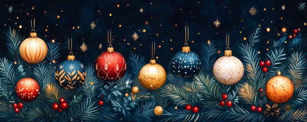 Festive Christmas ornaments hanging among lush evergreen branches, creating a warm, holiday atmosphere filled with joy.