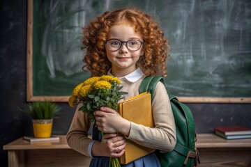 A red-haired Scandinavian girl with glasses at the blackboard. The girl has flowers in her hands. She's going to school for the first time. A child with a backpack, a book and flowers. Back to school.