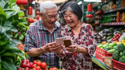 An elderly couple joyfully shares a moment looking at their phones amidst vibrant market produce