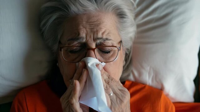 Senior Woman Lying in Bed Blowing Her Nose Due to Cold or Allergy