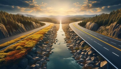 A stunning aerial view of two parallel highways separated by a river, set against a backdrop of mountains and sunrise.
