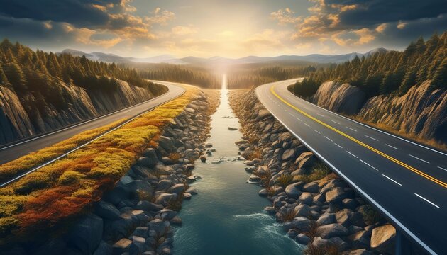 A stunning aerial view of two parallel highways separated by a river, set against a backdrop of mountains and sunrise.