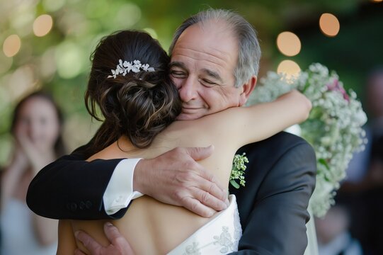 Father and his daughter share a warm embrace during her wedding ceremony, capturing the love and pride of this special moment