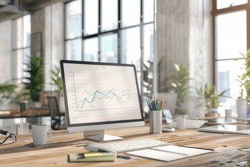 A sleek office filled with natural light features a computer displaying analytics, alongside plants and office supplies on a wooden desk. Generative AI
