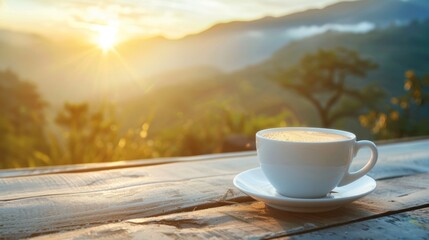 A Cup of Coffee at Sunrise Over a Mountain Range