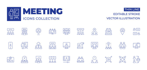 Meeting icons collection. Thin Line icons, editable stroke. meeting, teamwork, connection, idea, video call, video tutorial, online interview, online, suitcase