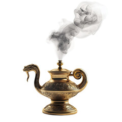 A mystical brass lamp emits swirling smoke, evoking a sense of enchantment and ancient tales.