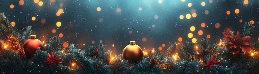 Fototapeta premium Festive holiday decorations with colorful ornaments, twinkling lights, and a warm glow, perfect for Christmas celebrations.