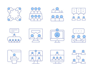 Meeting icons. Line Duotone style, editable stroke. conference, talk, meeting, video conference, online, chat, discuss, network, video call