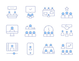 Meeting icons. Line Duotone style, editable stroke. audiences, brief, interview, team, schedule, video call, intermediary, video tutorial, conference, talk, meeting