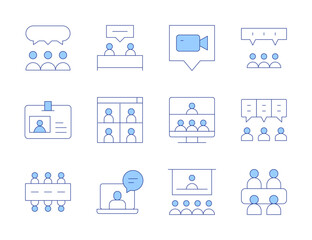 Meeting icons. Line Duotone style, editable stroke. meeting, online meeting, video conference, teamwork, discussion, video call, team, briefing, badge, chat