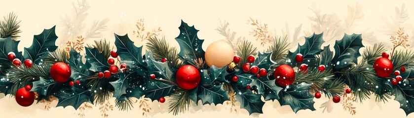 Festive holiday decoration featuring holly leaves and colorful ornaments, perfect for Christmas celebrations.