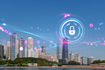 City skyline with digital lock icon, representing cybersecurity.
