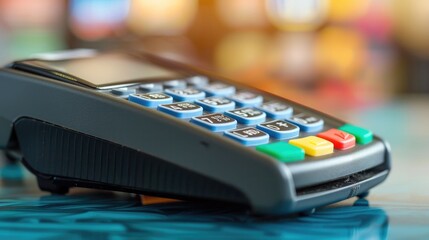 Closeup view of payment terminal with creditdebit card reader and keypad highlighting seamless and contactless transaction options with deep depth of field background  Concept of modern digital