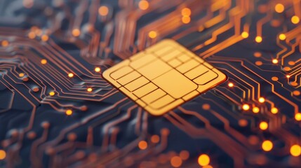 Closeup macro image of a credit or debit card s EMV chip technology showcasing the intricate electronic circuit board design and connections for secure digital financial transactions