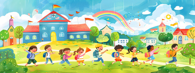 Obraz premium A colorful cartoon illustration of happy school children walking to the first day at their new primary school