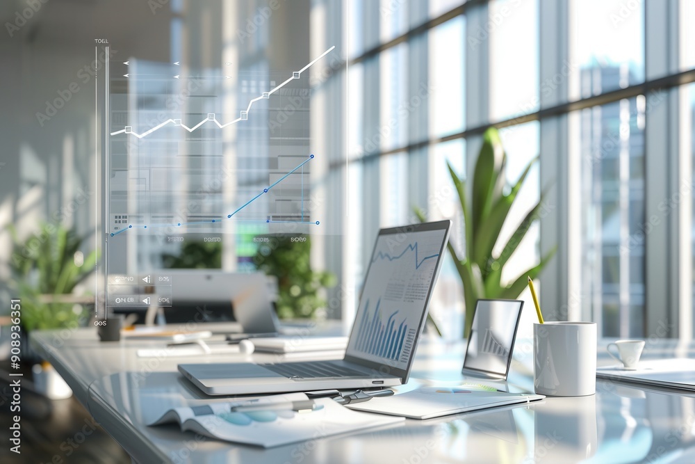 Aufkleber a contemporary office showcases large windows, sleek workstations, and digital graphs, creating an i