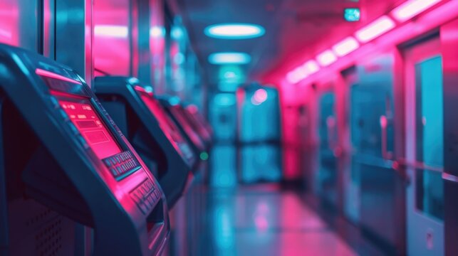 Futuristic infrared payment systems in a dark neon lit urban corridor showcasing the technology and automation of seamless financial transactions in a modern digital cityscape