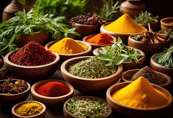 Fototapeta premium vibrant display fragrant herbs spices nestled rustic wooden dishes showcasing bounty, aroma, flavor, basil, thyme, rosemary, parsley, cilantro, oregano