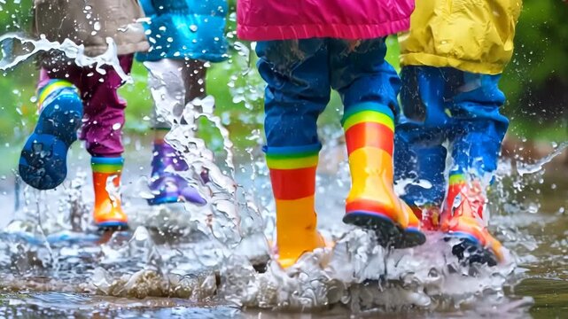 Children Jumping and Splashing in Puddles with Colorful Rain Boots