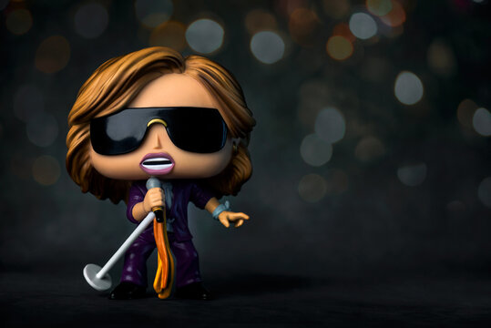 Funko POP vinyl figure of Steven Tyler singer of the american rock group Aerosmith. Illustrative editorial of Funko Pop action figure