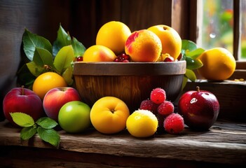 vibrantly arranged fresh seasonal fruits showcased under natural illumination eye catching visual experience, display, arrangement, color, organic, harvest