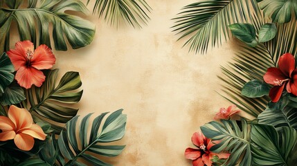 Fototapeta premium Tropical Leaves and Flowers Frame a Beige Background
