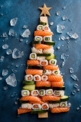 A Christmas tree made of sushi