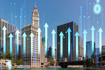 Obraz premium Digital arrows rising against city skyline, symbolizing economic growth.