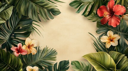 Tropical Floral Frame with Beige Background