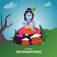 Krishna Janmashtami Celebration Post With Lord Krishna  Vector Illustration