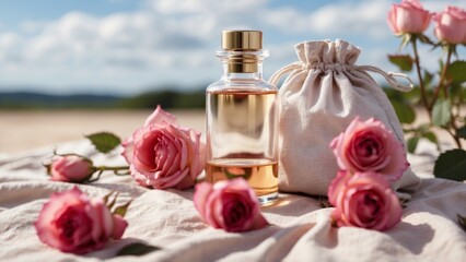 A bottle of rose essential oil with a small pouch and scattered pink roses on a linen cloth