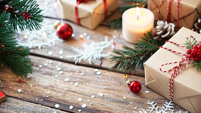 Christmas Gift Boxes and Decorations on Rustic Wooden Table