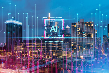 Futuristic cityscape with AI technology representation at night.