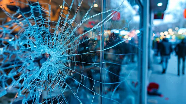 Close-up of Shattered Storefront Glass with Busy Street Reflections at Night