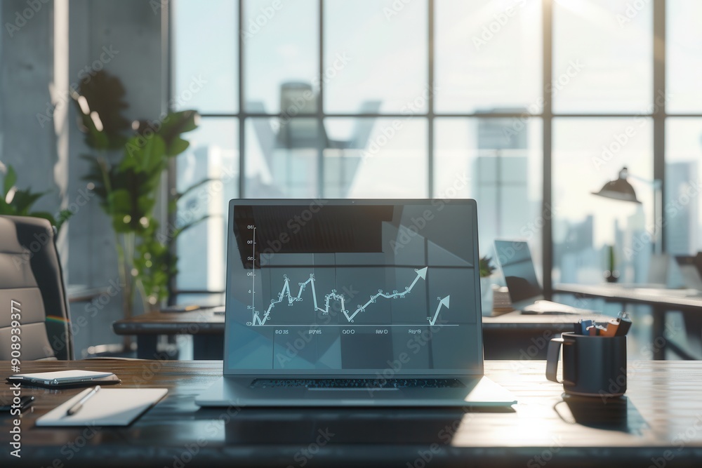Poster a sleek office showcases a laptop displaying analysis graphs, illuminated by sunlight streaming thro