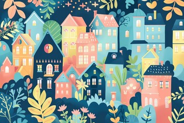 Fototapeta premium Fantasy landscape adorned with tiny houses, architectural blueprints, and flourishing plants, flat design illustration